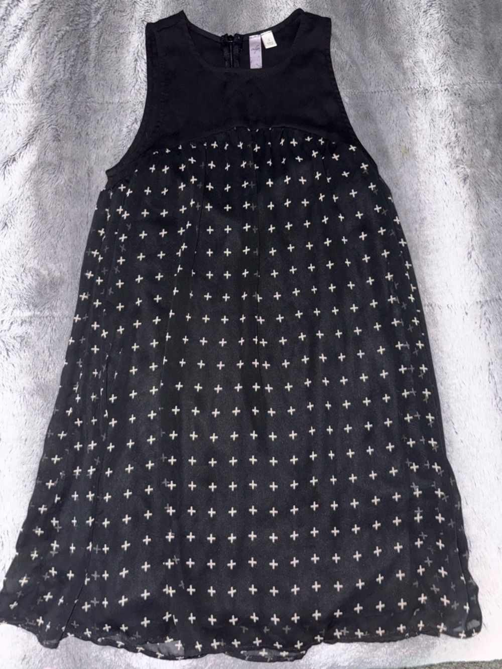 Black Sleeveless Shift Dress with Cross-Print Skirt